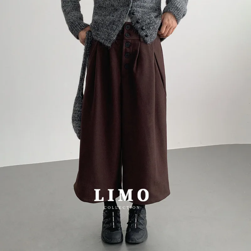 

LIMO 2025, осень-зима, широкие укороченные брюки с высокой талией для женщин, повседневная офисная одежда, брюки из смеси шерсти из полиэстера