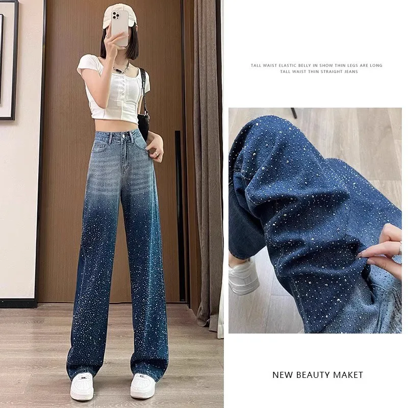 الماس الأزرق التدرج الجينز المرأة الصيف رقيقة تصميم عالية الخصر برشام ديكور بنطال ذو قصة أرجل واسعة فضفاض مستقيم أنبوب قطرة أسفل السراويل