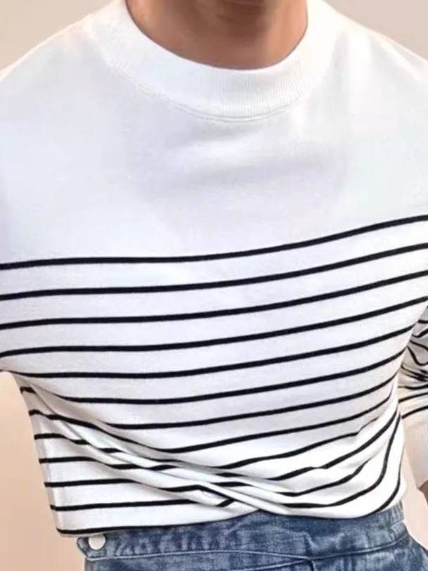 

Slim Fit Long Sve Knitted Sweatirt American Sle Horizontal Stripe Splicing Woolen irt Core Spun Yarn Men's irt