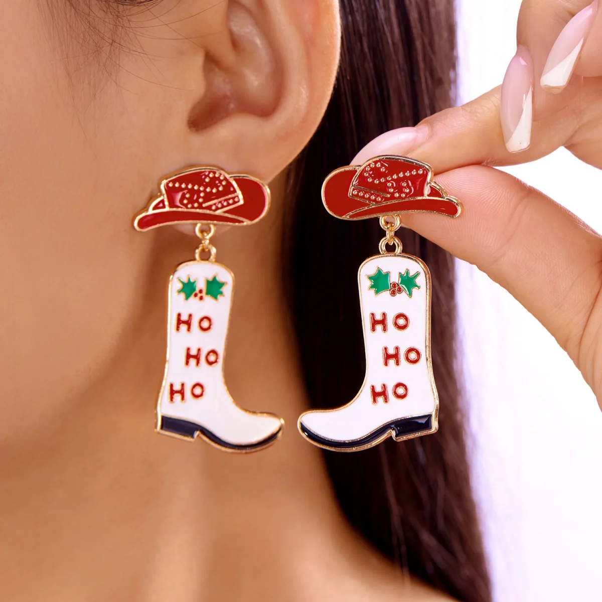 Christmas Enamel Cowboy Hat Boots Shaped Drop Earrings Xmas New Year Shoes Holiday Dangle Earring Jewelry Gifts For Women Men