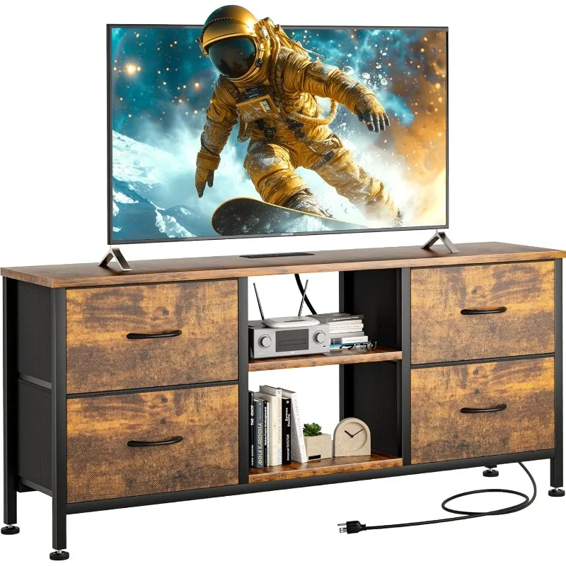 

TV Stand Dresser for Bedroom, Entertainment Center with Power Outlet for 50" TV, Dressers with 4 Fabric Drawers & Open Shelves