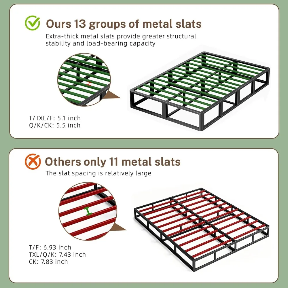 Cadre de lit King en métal de 5 pouces, coin rond, plate-forme basse, 3000 LBS, lattes en acier robustes, Support de matelas, fond de teint non