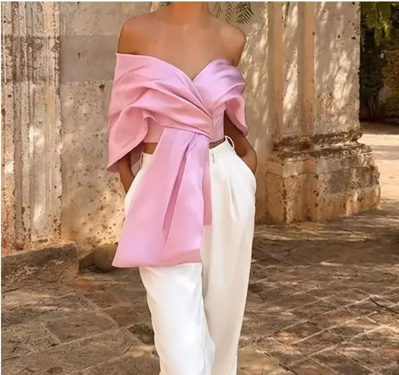 2024 Zomer Elegante Satijnen Damestop Sexy Rugloze Geplooide Strik Streetwear Damesoverhemden Lentefeest Off Shoulder Tops