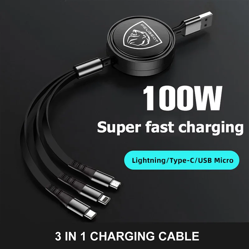 100W Fast Charger 3-in-1 Data Cable Car USB Charging Accessories For Peugeot 5008 408 308 Landtrek 208 2008 3008 Rifter 508 301