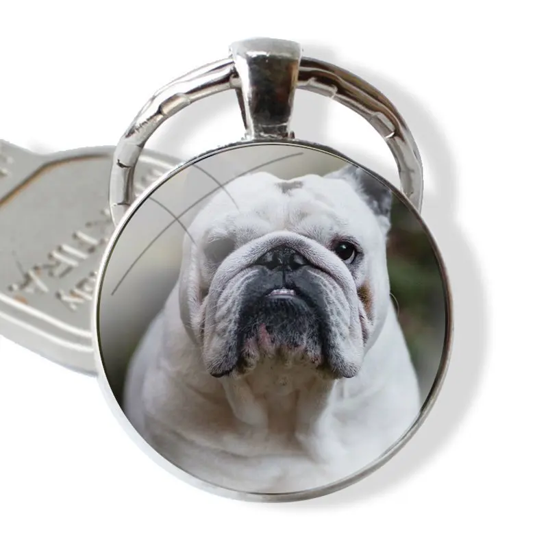 Fashion Creative Cartoon Design French English Bulldog Keychain Handmade Glass Cabochon Key Ring Holder Pendant Key Chains