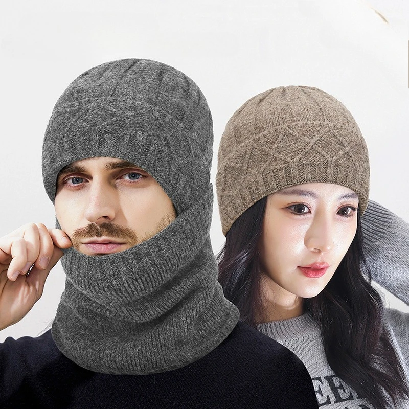 Winter Wool Thickened Warm Two-piece Knitted Hat, Cold Resistant Neck Cover, Woolen Hat