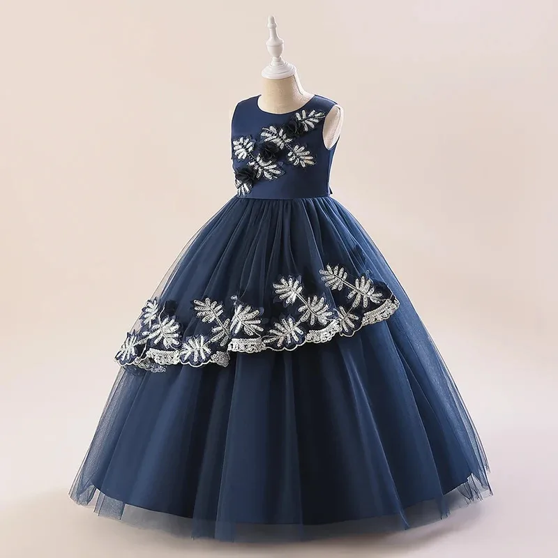 

COSda@Summer Bridesmaid Flower Embroidery Girls Dress Elegant Tulle Princess Wedding Kids Party Dresses for Girl Costume Birthda