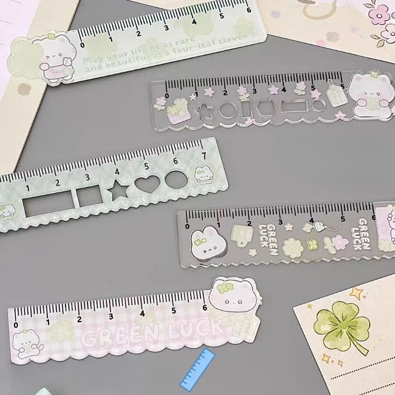 5pcs/set 4-Leaf Clover Ruler Portable Multifunctional Straightedge for Students Ins Style Cartoon Kitten Drawing Measuring Tool