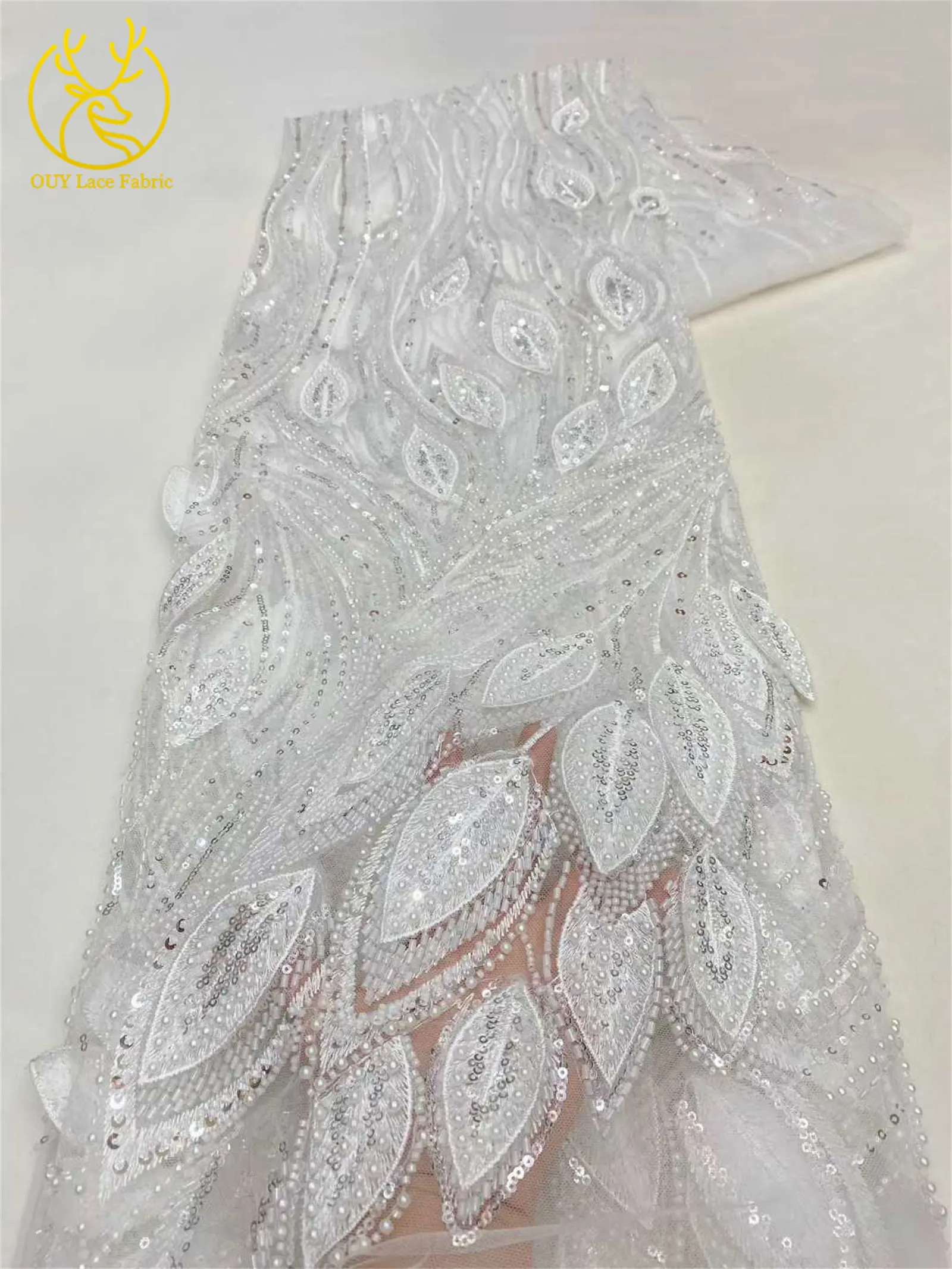 Luxuriöser französischer 3D-bestickter Perlen-Tüll-Spitzenstoff 2026 – Hochwertiger nigerianischer Pailletten-Spitzenstoff für Brautkleider und Hochzeitskleider – Detail 4