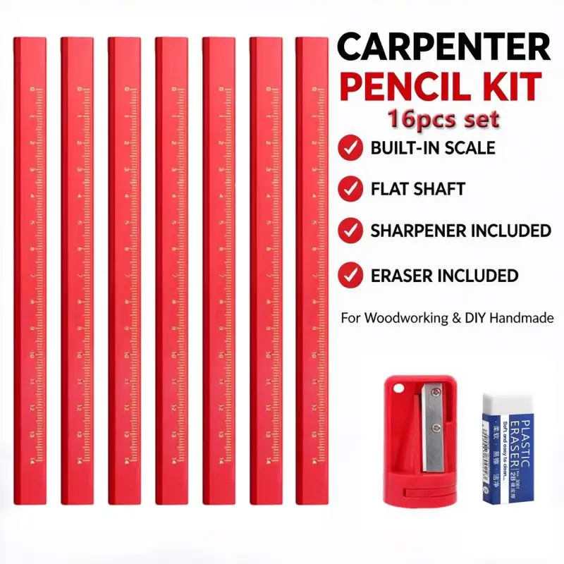 16Pcs Set Carpenter Pencil Kit, Flat Marking Pencils with Scale, Heavy Duty Marking Tools, Ideal for Engineers & DIY Projects
