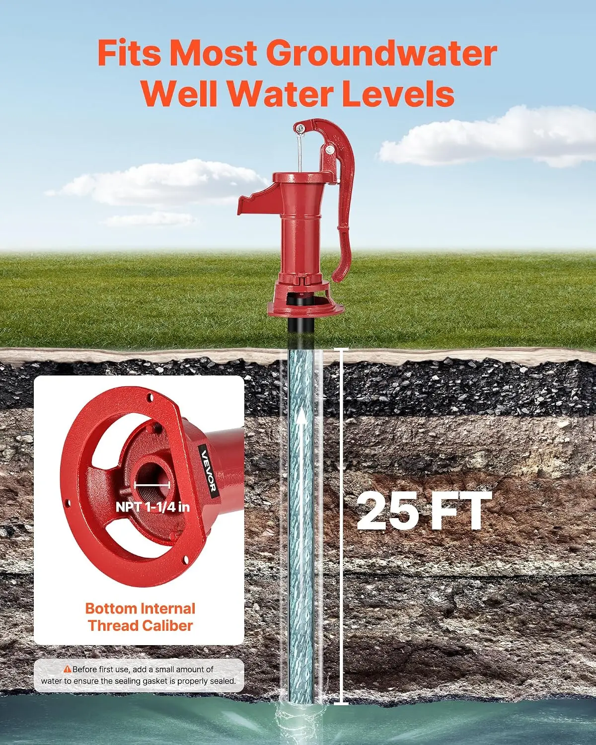 Well Hand Pitcher Pump, 25 ft Maximum Lift, Antique Cast Iron Manual Hand Water Pump, NPT 1-1/4 in Connection, Easy Installation