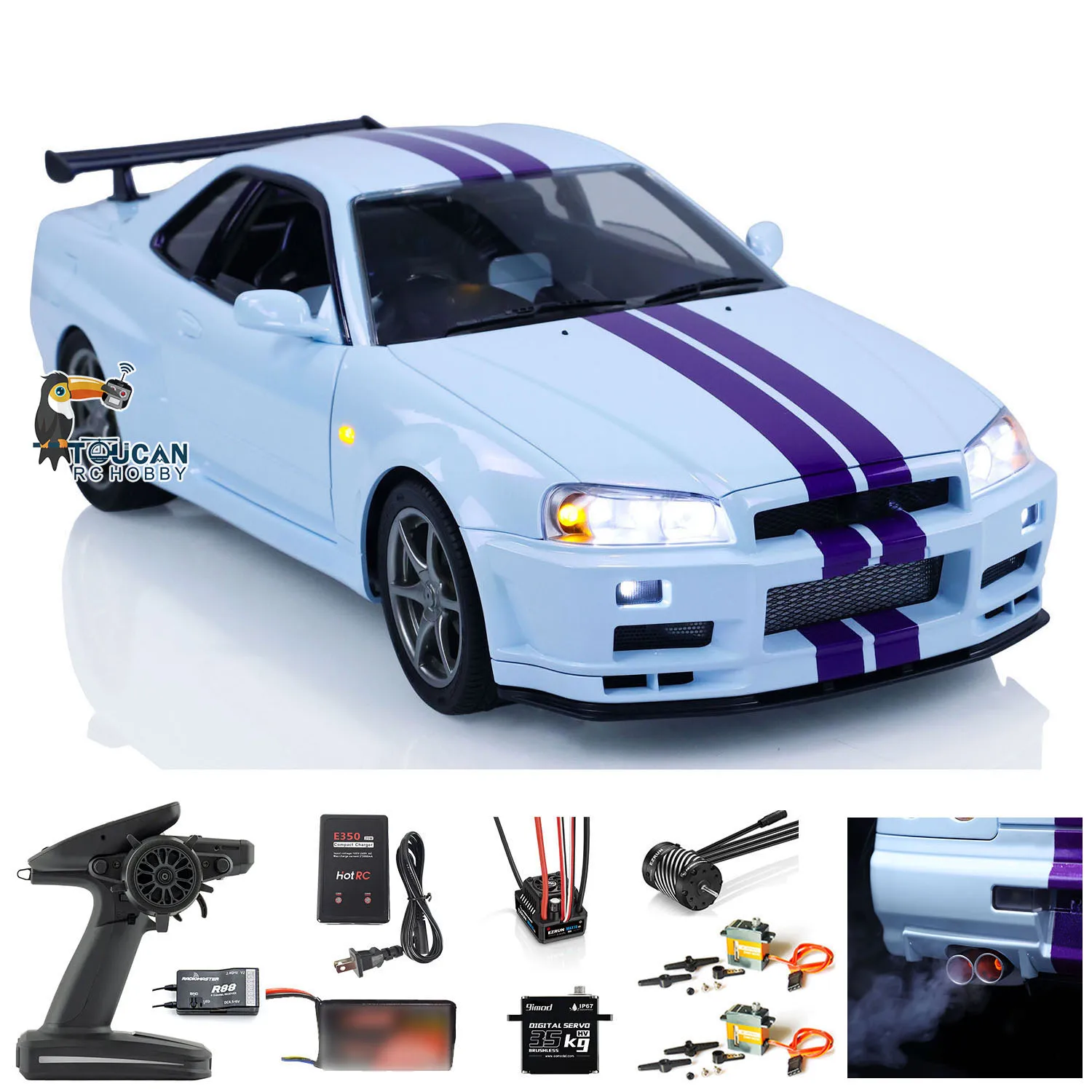 카포 R34 4WD 1/8 RC 레이싱 카, 4x4 고속 금속 RTR 드리프트 자동차, 가벼운 사운드 흡연, DIY 완제품 모델 THZH1743