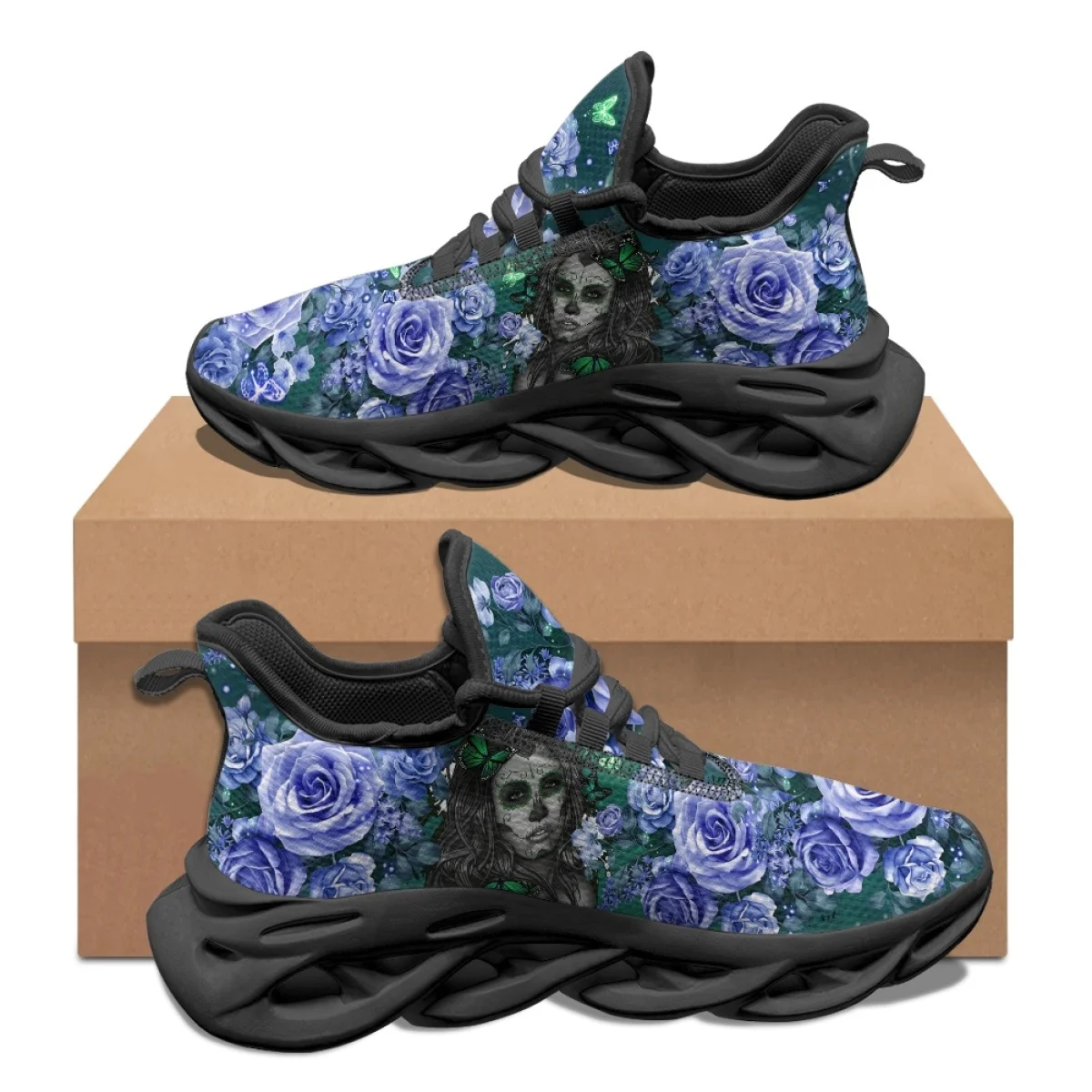 Gothic Girl Purple Rose Design Light Soft Flats For Women Comfortable Mesh Sneakers Lace-up Running Shoes Halloween Gift 2023