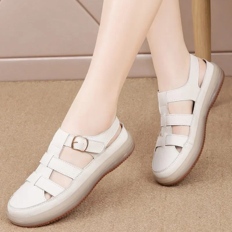 2025 Summer High Quality Leather Baotou Roman Sandals Ladies Retro Hollow Woven Women Sandals Platform Beach Slippers Sandalias