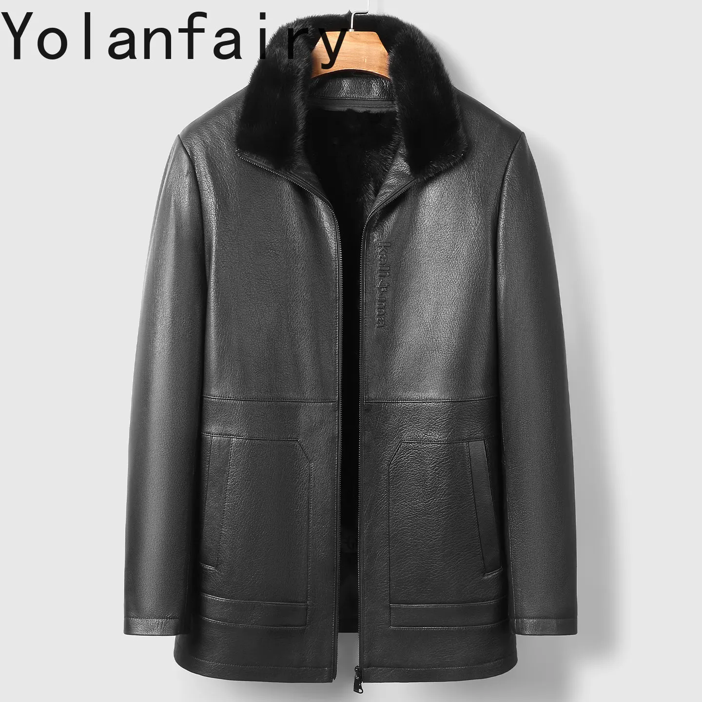YOLANFAIRY 100% Goatskin Genuine Leather Jacket Men Mid-length Real Fur Coat Winter Detachable Mink Fur Liner Coats Warm шуба