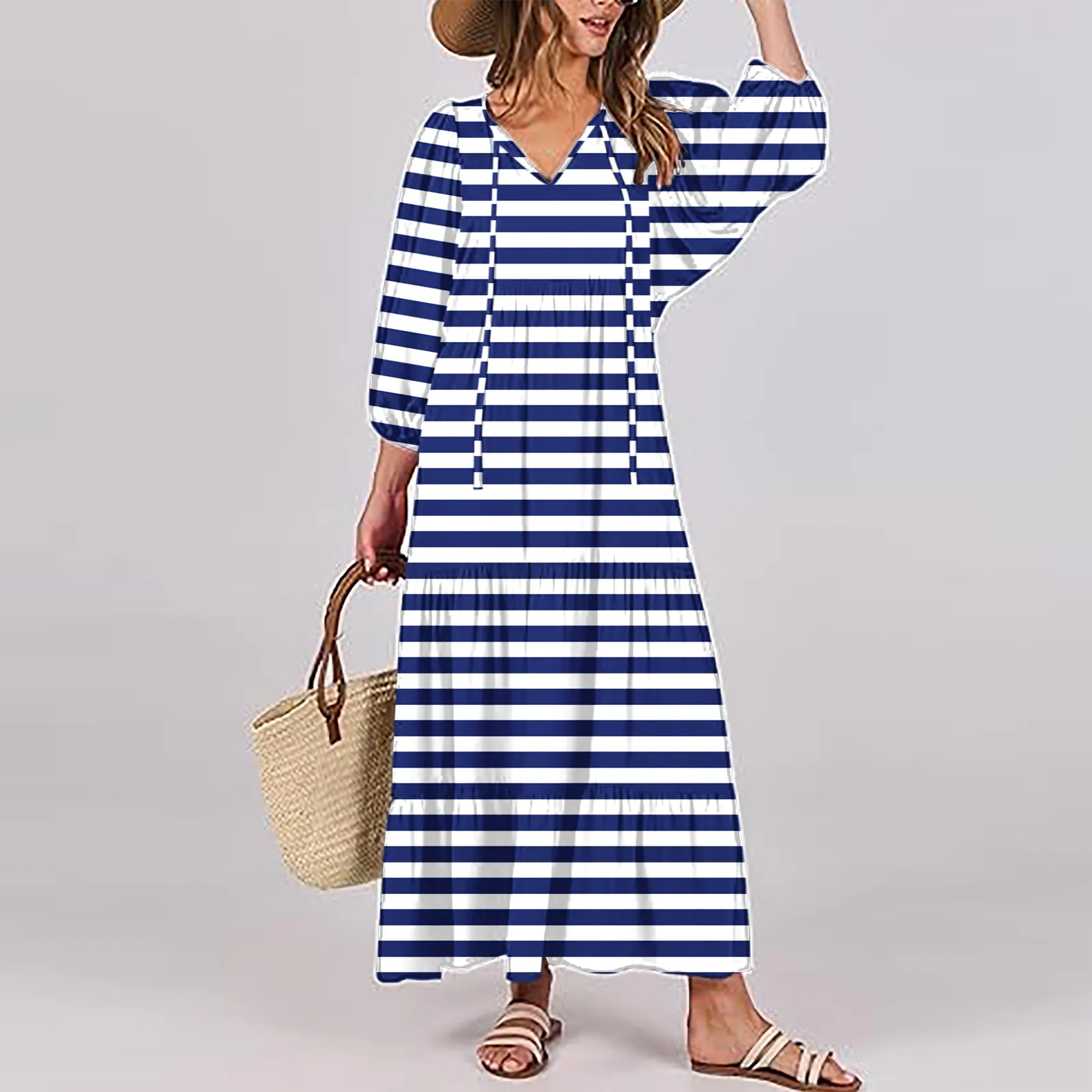 Autumn New Vitality Countryside Style Women's Dress Classic Highlighting Horizontal Stripe Lantern Sleeve and Ankle Long Dresses