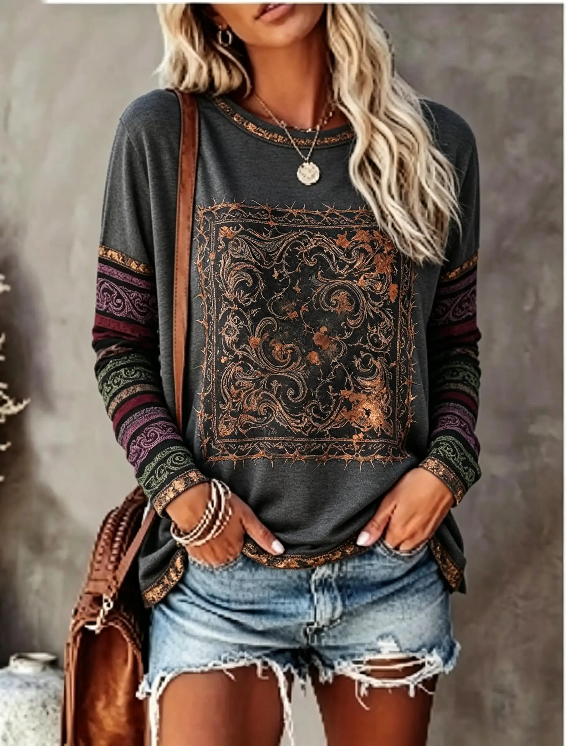 Women Crew Neck Long Sleeve T‑Shirt, Boho Ethnic Geometric Print Casual Loose Pullover Tops