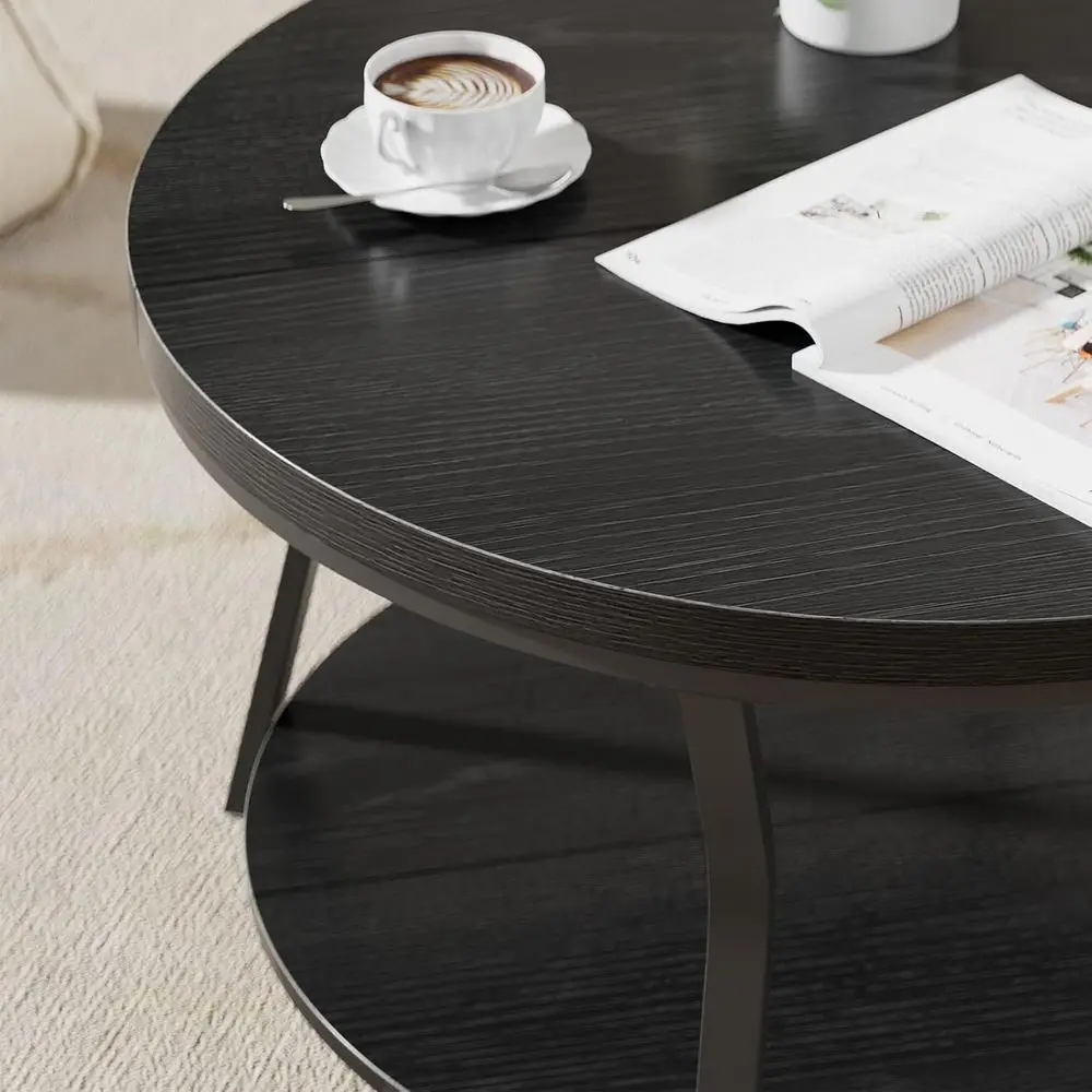 インダストリアルモダン2段ラウンドコーヒーテーブル、厚みのある木製トップ、メタルフレーム、31.5ブラック