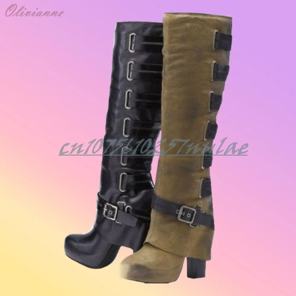 أحزمة جانبية حزام ريترو ستايل منتصف العجل الأحذية كعب عالي مكتنز سيدة جلدية موضة الحفلات مثير أحذية النساء Zapatos Para Mujere #1