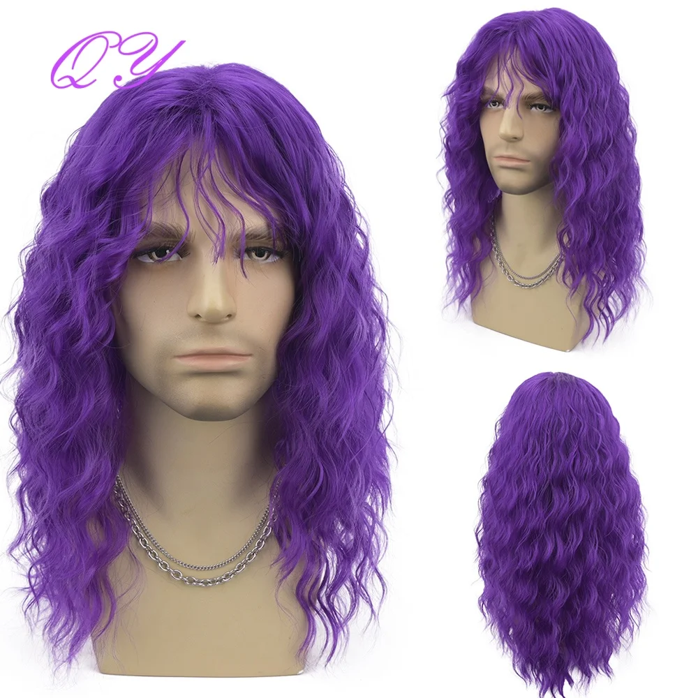 Men's Purple Curly Synthetic Wig, Natural Looking Long Hair Wig with Fringe, for Daily Wear Cosplay Halloween Concert
