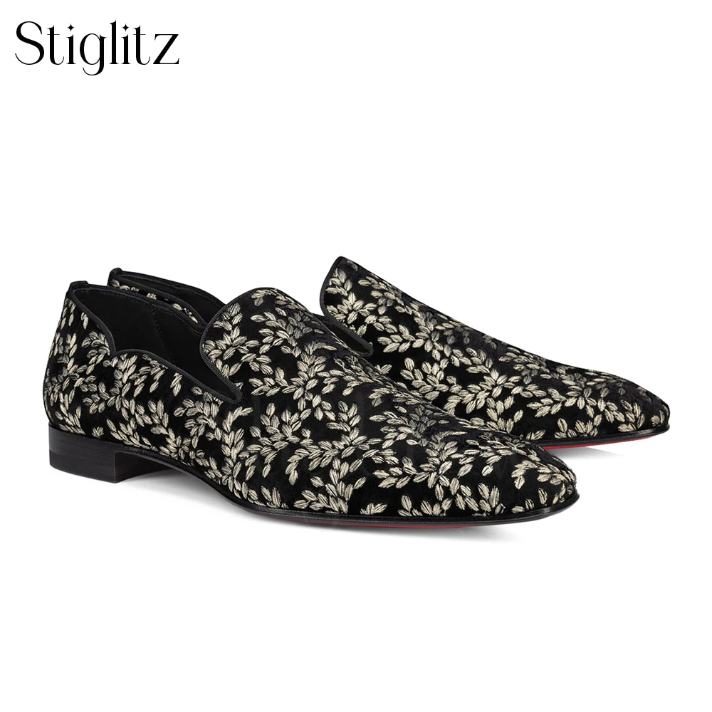 

Luxury Hand Embroidered Loafers Black Suede Slip-On Flats Latest Style Pattern Black and White Dress Shoes Elegant Banquet Shoes