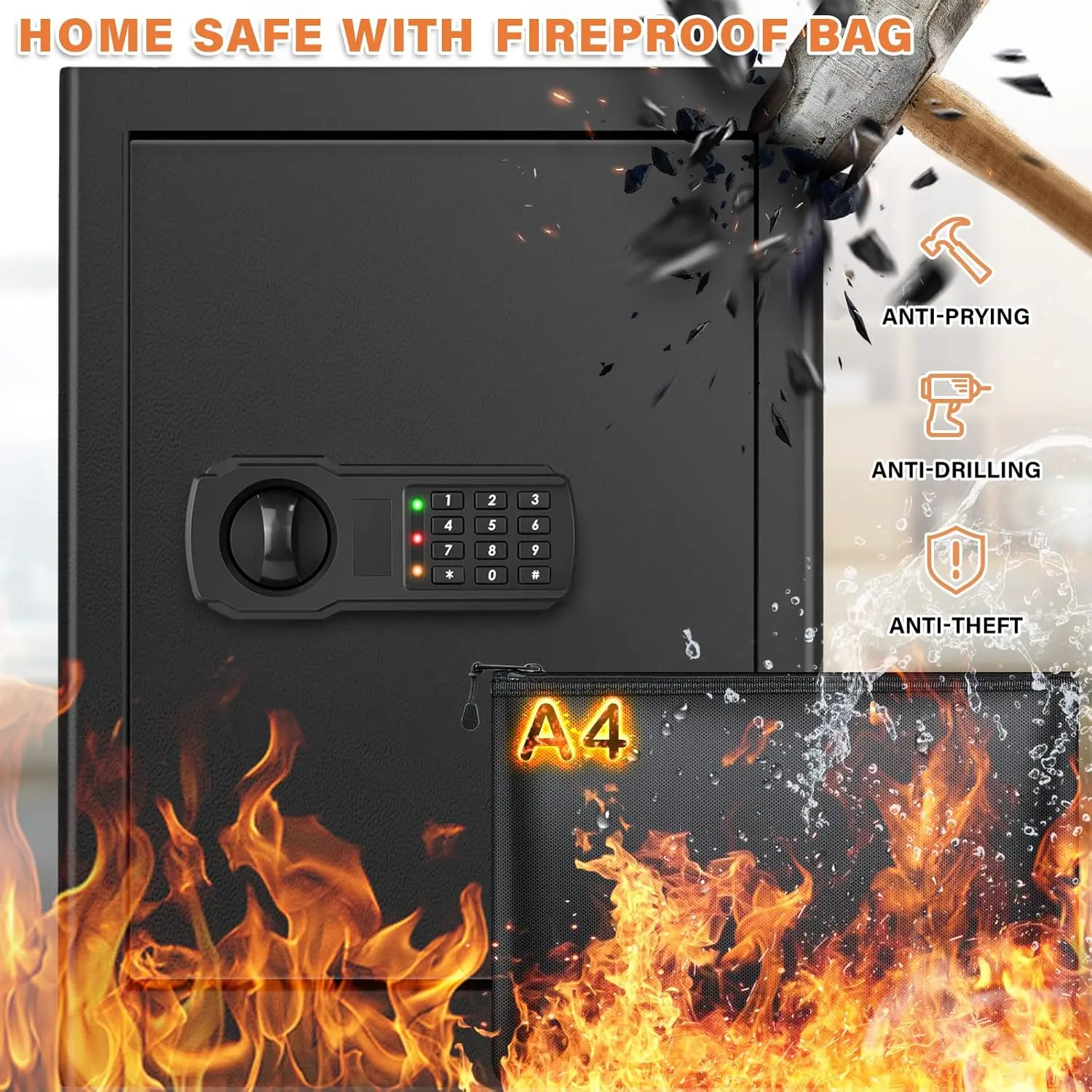 2.4 Cubic Large Fireproof Safe Box with Fireproof Document Bag, Personal Security Home Safe with Removable Shelf, Anti-Theft Loc