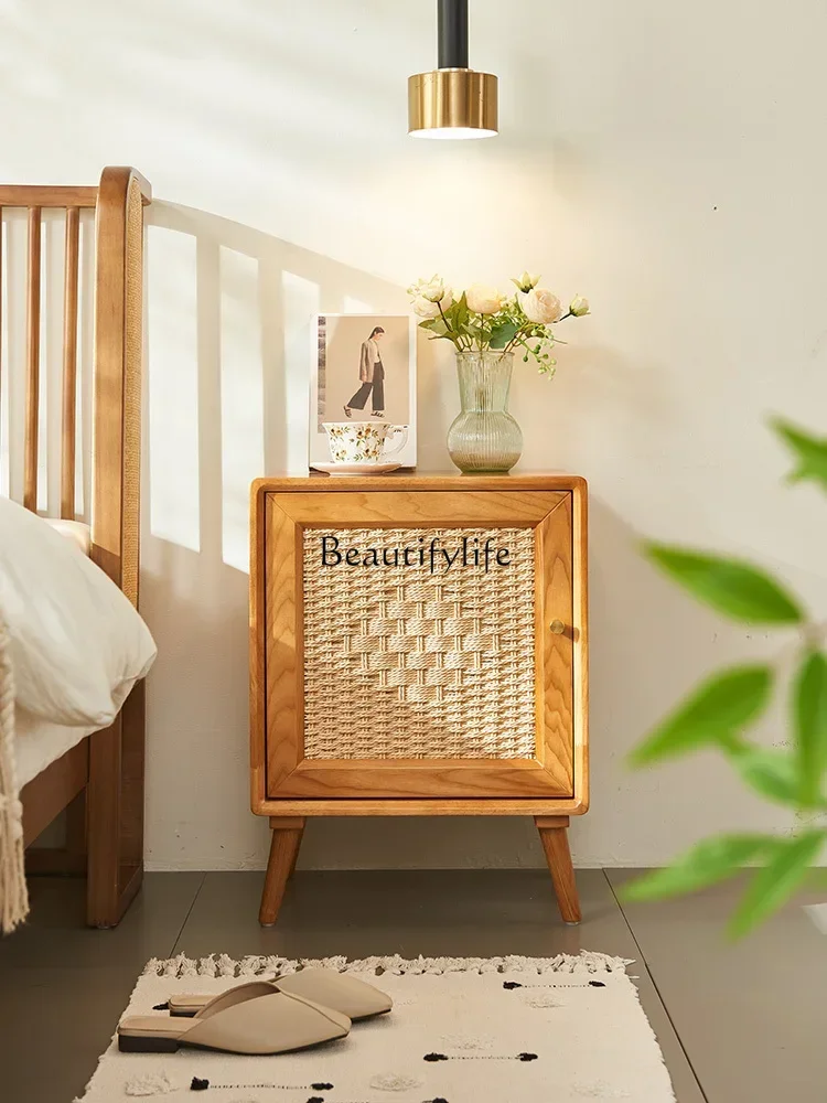 

*Wabi Sandy Wind Solid Wood Rattan Bedside Table Retro Style Simple Storage Cabinet