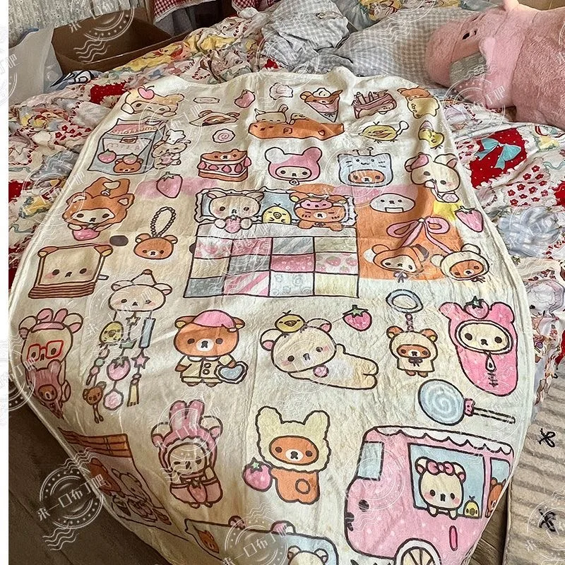 Cartoon Rilakkumas Flannel Blanket Kawaii Korilakkuma Summer Throw Blanket Camping Airplane Shoulder Blanket Winter Bedspread