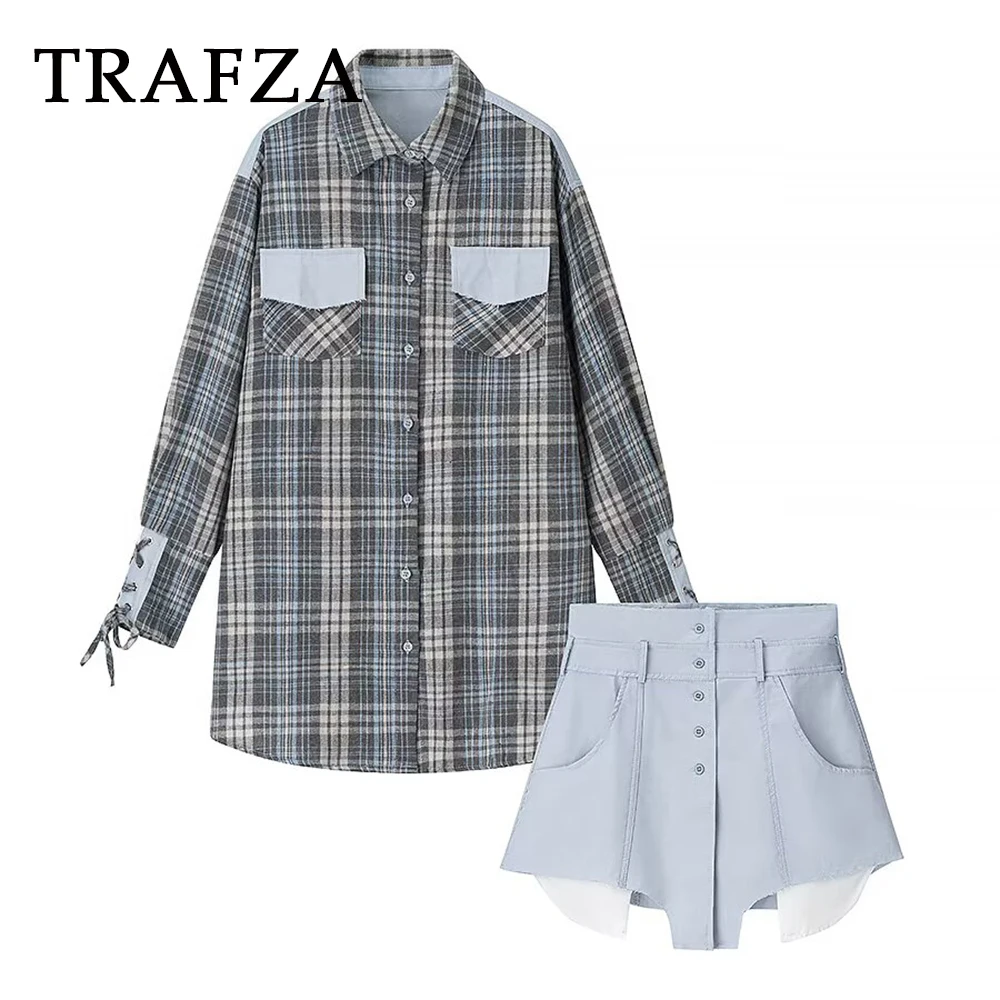 

TRAFZA Vintage Streetwear Cool Fashion 2025 Women Suit Oversized Plaid Lace-up Shirt+High Waist Mini Skirt Chic Casual Mujer Set