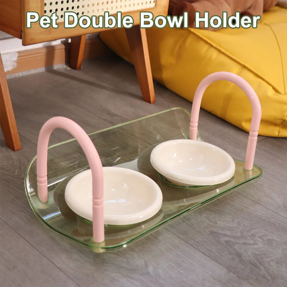 Double Bowls Pet High Footed Bowl Anti-flip Adjustable Height Cat Food Water Bowl Detachable Non-Slip Water Feeder Container