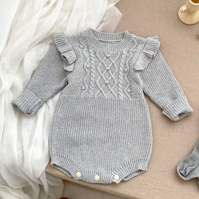 2024 New Autumn Baby Girl Knitted Clothing Korean Style Climbing Suit Toddler Baby Girl Long Sleeved Solid Color Knitted Romper