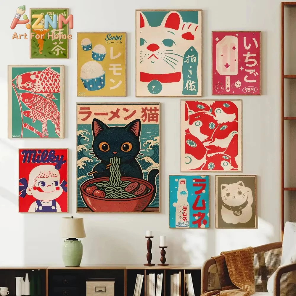

1pc Japanese Vintage Art Food Cultural Lucky Cat Daruma Poster Self-adhesive Art Waterproof Paper Sticker Coffee House Bar Room