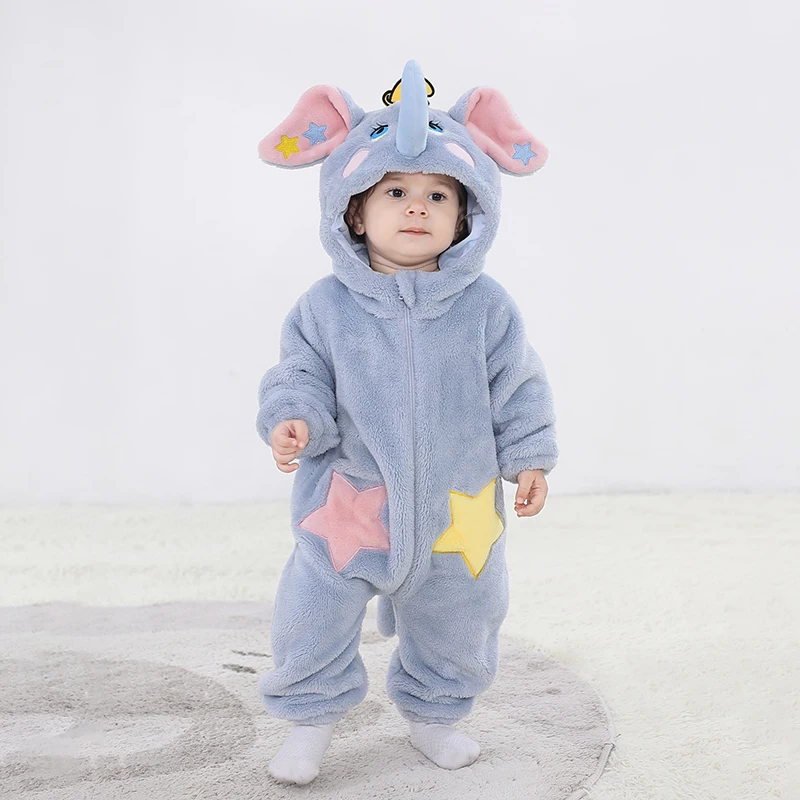 Kigurumis Lovely Elephant Newborn Baby Clothes Bodysuit Winter Flannel Boys Girls Romper Warm Cosplay Costume Outfit Hooded