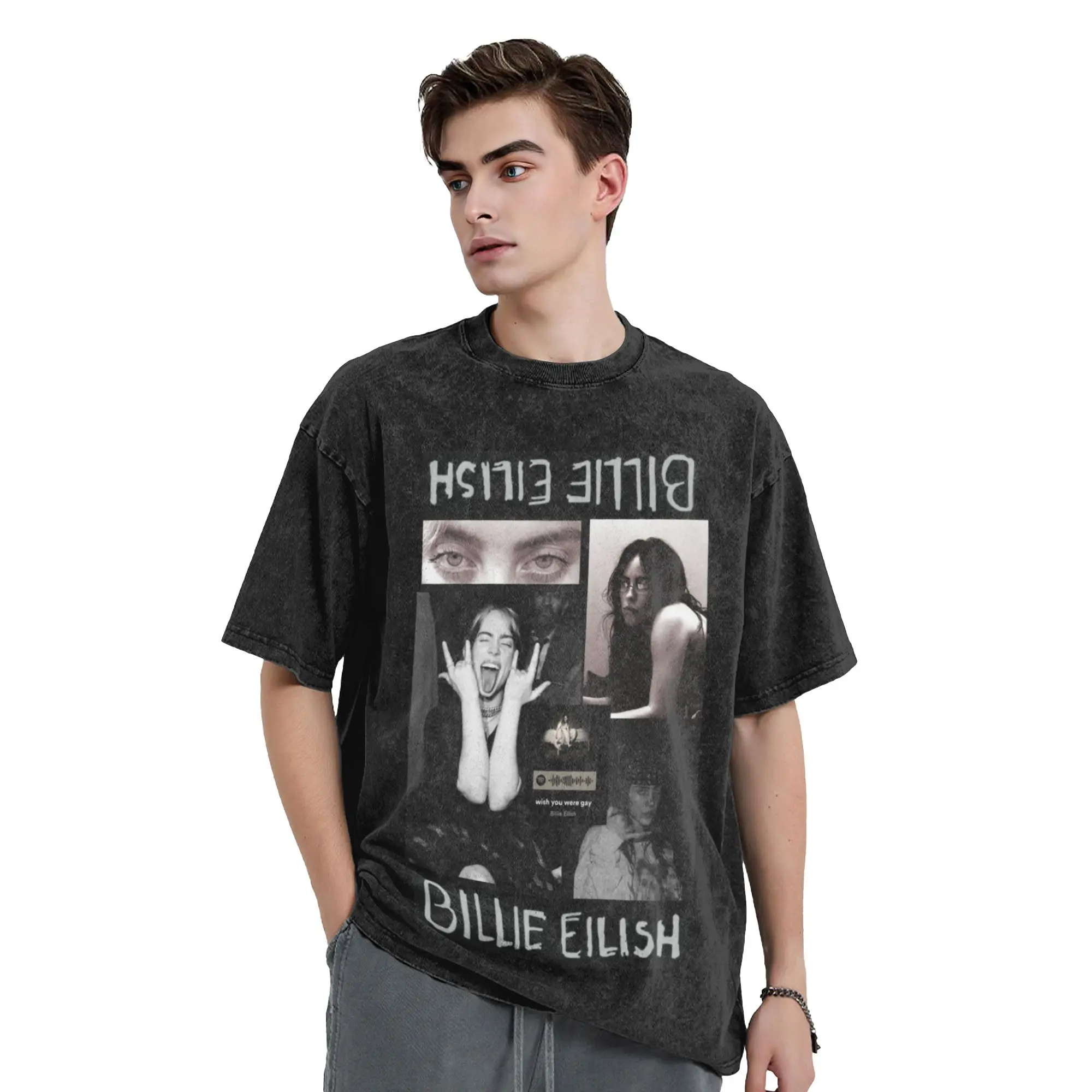 Singer B-Billie-Girl E-eilish Music Vintage Washed T Shirt Unisex Cotton Clothes Printed  Round Neck Short Sleeve