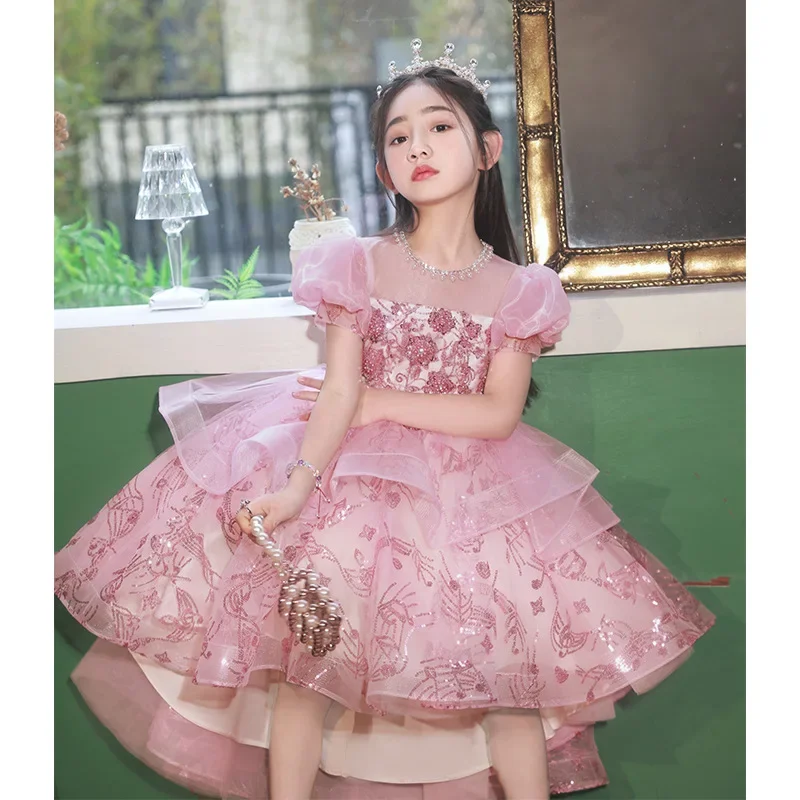 Children Formal Dress Puff Sleeves Birthday Party Little Girl's Princess Dresses Summer Round Neck Sequin Kids Girls Clothing