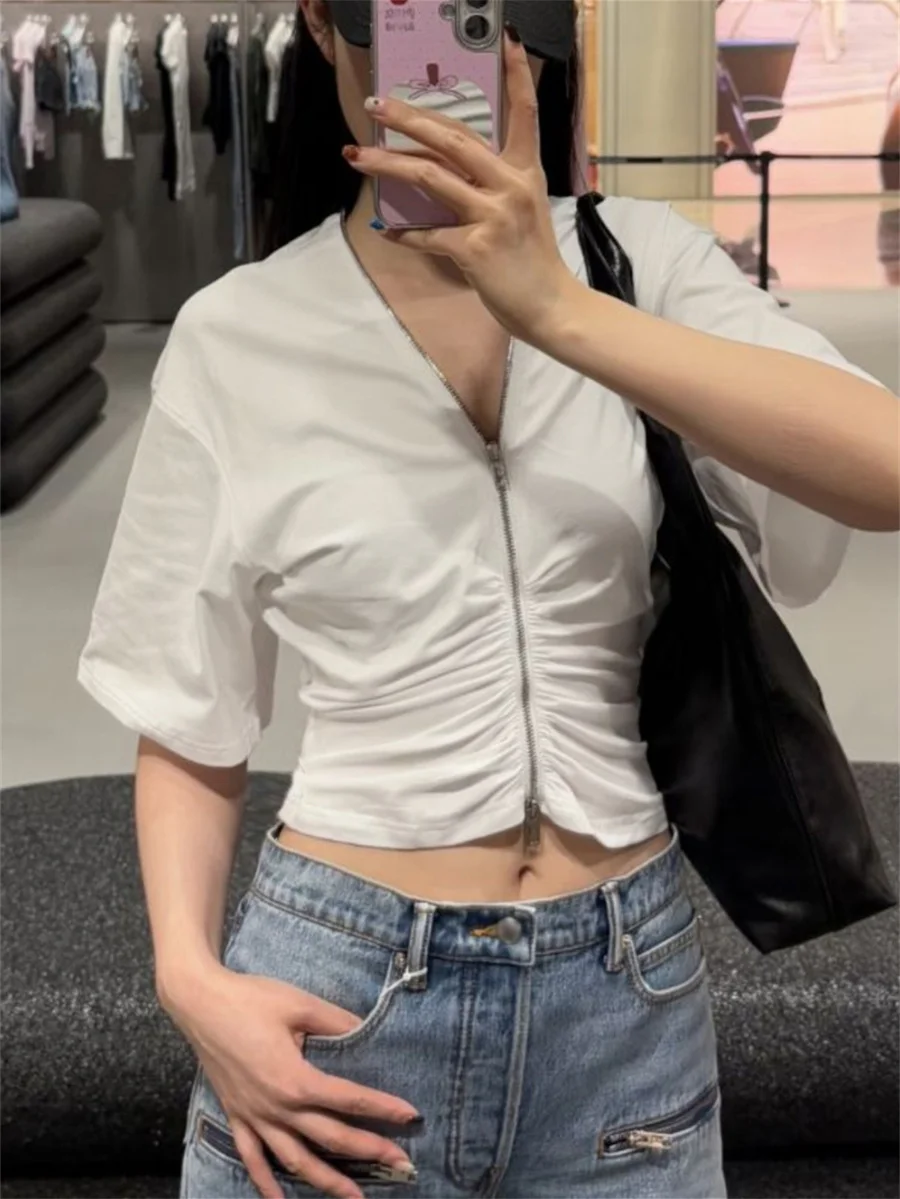 2 Colors Women Slim Fit Tee Tops New 2026 Pleated Zipper Tight Fitting Short Sleeved T-Shirt All-Match