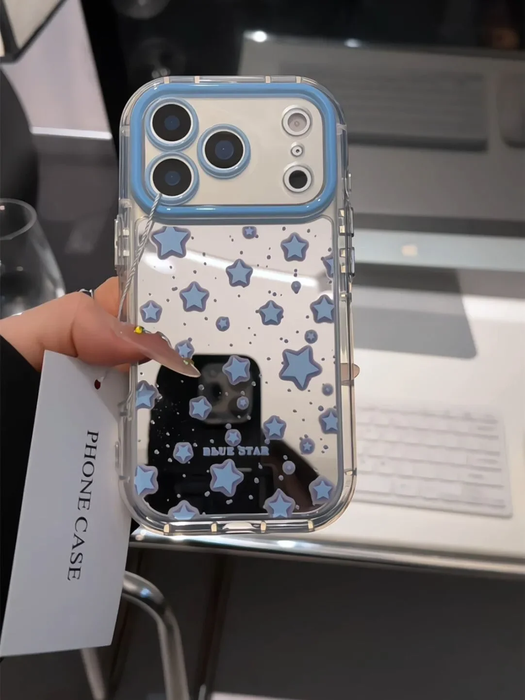 Full Screen Blue Stars Makeup Mirror Phone Case For iPhone 18 17 16 15 14 13 12 11 Pro XR XS Max 7 8 Plus 17air Shockproof Cover