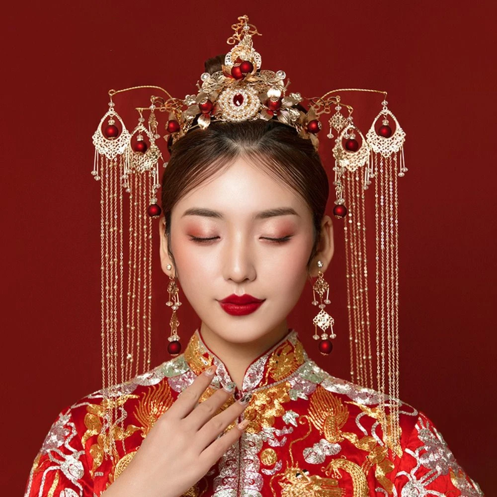 

Exquisite Chinese Style Bride Hair Crown Tassel Flower Wedding Hair Crown Gem Luxury Women Hanfu Hairpin Tiaras Set