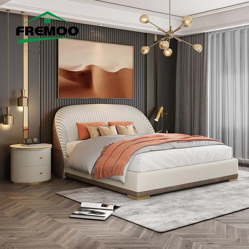 

Italian Style Simple Leather Bed with Mattress And Nightstands Modern Design 1.5/1.8m Soft Double Bed