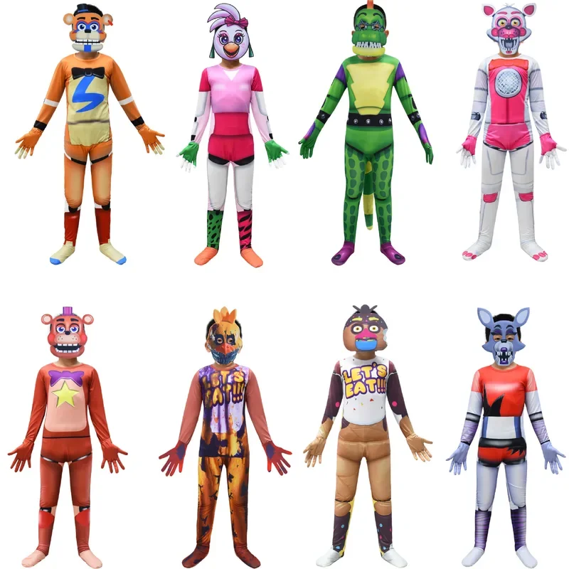 2025 Animation Costume Kids Fnaf Freddy Horror Bear Jumpsuit Mask Outfit for Boys Girls Christmas Halloween Cosplay Costume