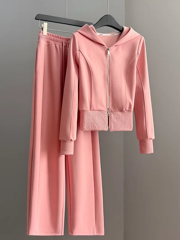 

Pink Sporty Two-Piece Set for Women Comfortable High Waist Wide Leg Pants Hoodie Top Casual Sportswear Spring Collection