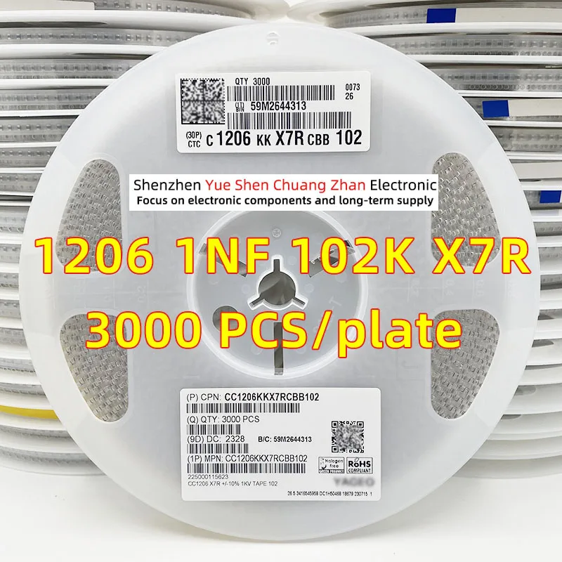 

Patch Capacitor 1206 102K 1NF 1000PF 1000V 2000V 1KV 2KV Error 10% Material X7R Genuine capacitor（Whole Disk 3000 PCS）