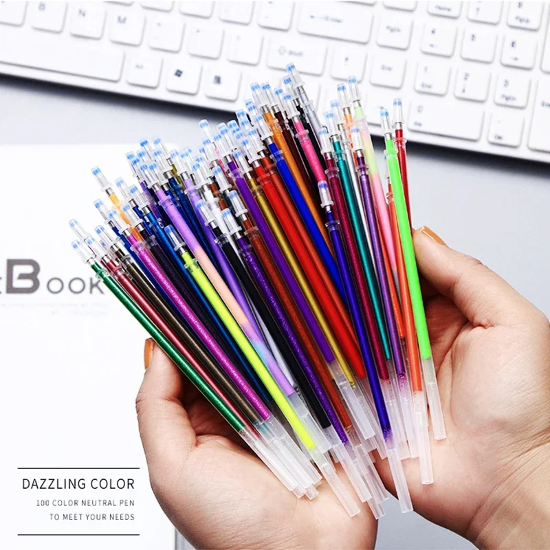 100pcs/bag 0.7mm Multicolor Gel Pen Refills Set Replaceable Colorful Flash Glitter Pen Refills For Writing DIY Painting Graffiti