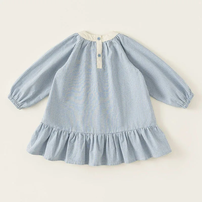 Spring Summer Little Girls Dresses Korean Fashion Plaid Blue Cotton Long Sleeve Baby Princess Dress Luxury Kids Clothing B265