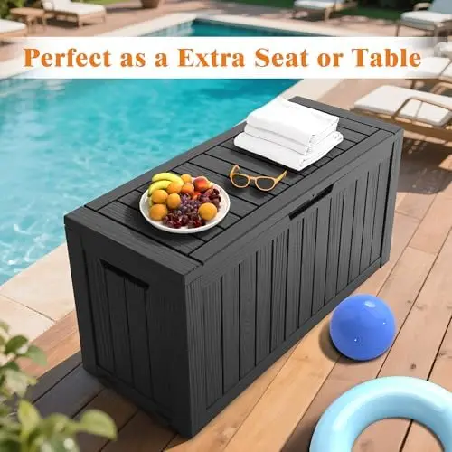 Outdoor Storage Box, 75 Gallon Waterproof Deck Boxes, Resin, Lockable Pool Deck Box for Garden Tools, Patio,Pool view 5