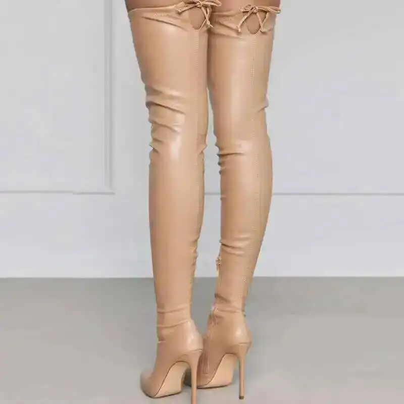 حذاء بكعب ستيليتو أسود للركبة حذاء نسائي ناعم من البولي يوريثان فوق الركبة مع سحاب جانبي #4