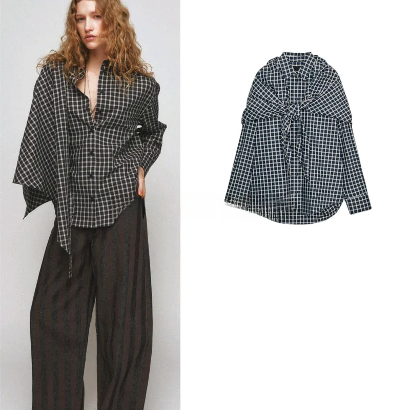 

Новая весенняя модная женская свободная рубашка с длинным рукавом, клетчатым шарфом и одной пуговицей, универсальная, из полиэстера, повседневная