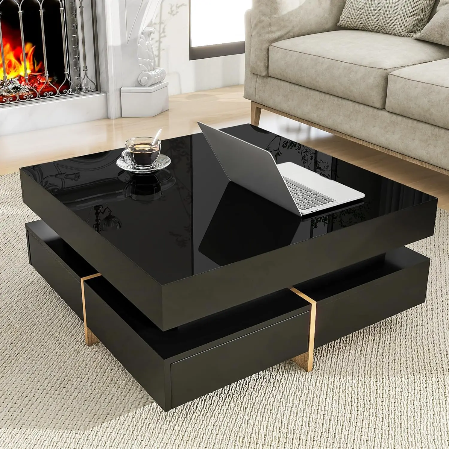 31.5"x31.5" ModernHighGlossSquareCoffee Table - 4-DrawerMulti-Storage Cocktail Table with Wood Grain Legs for Living Room, Black