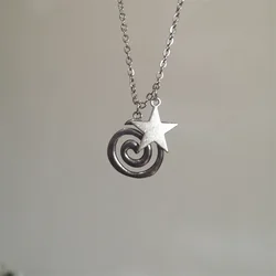 Gothic Vintage Silver Color Spiral Vortex Star Pentagram Pendant Chain Necklace For Women Men Unisex Boho Hip Hop Y2K Jewelry