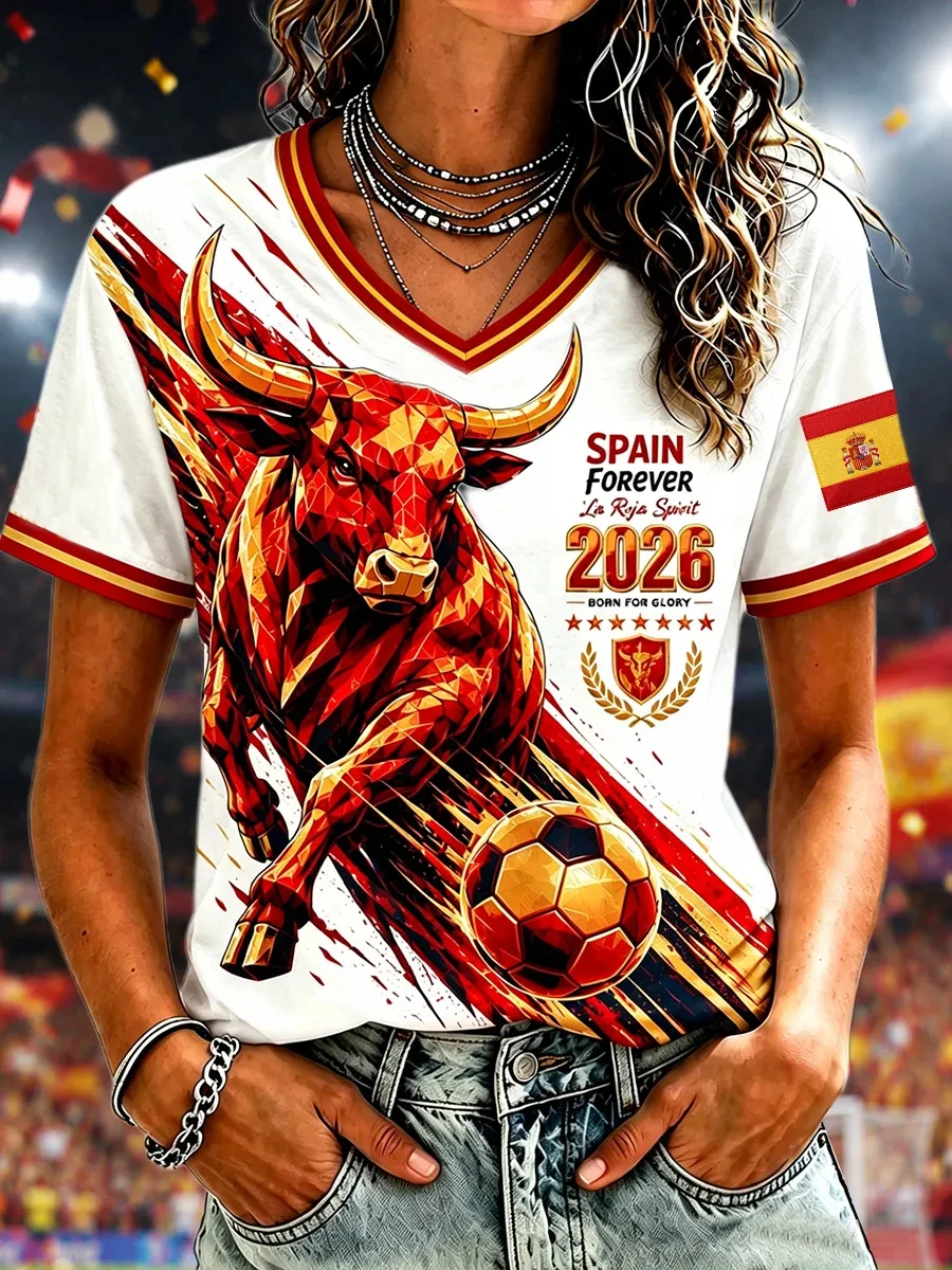 Camiseta de Fútbol con Cuello en V y Manga Corta para Mujer, España 2026, Camiseta Cultural de Fútbol